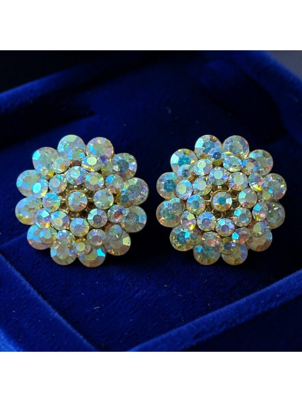 Vintage Aurora Borealis Glass Rhinestone Clip-On Earrings Floral Gold-Tone Retro